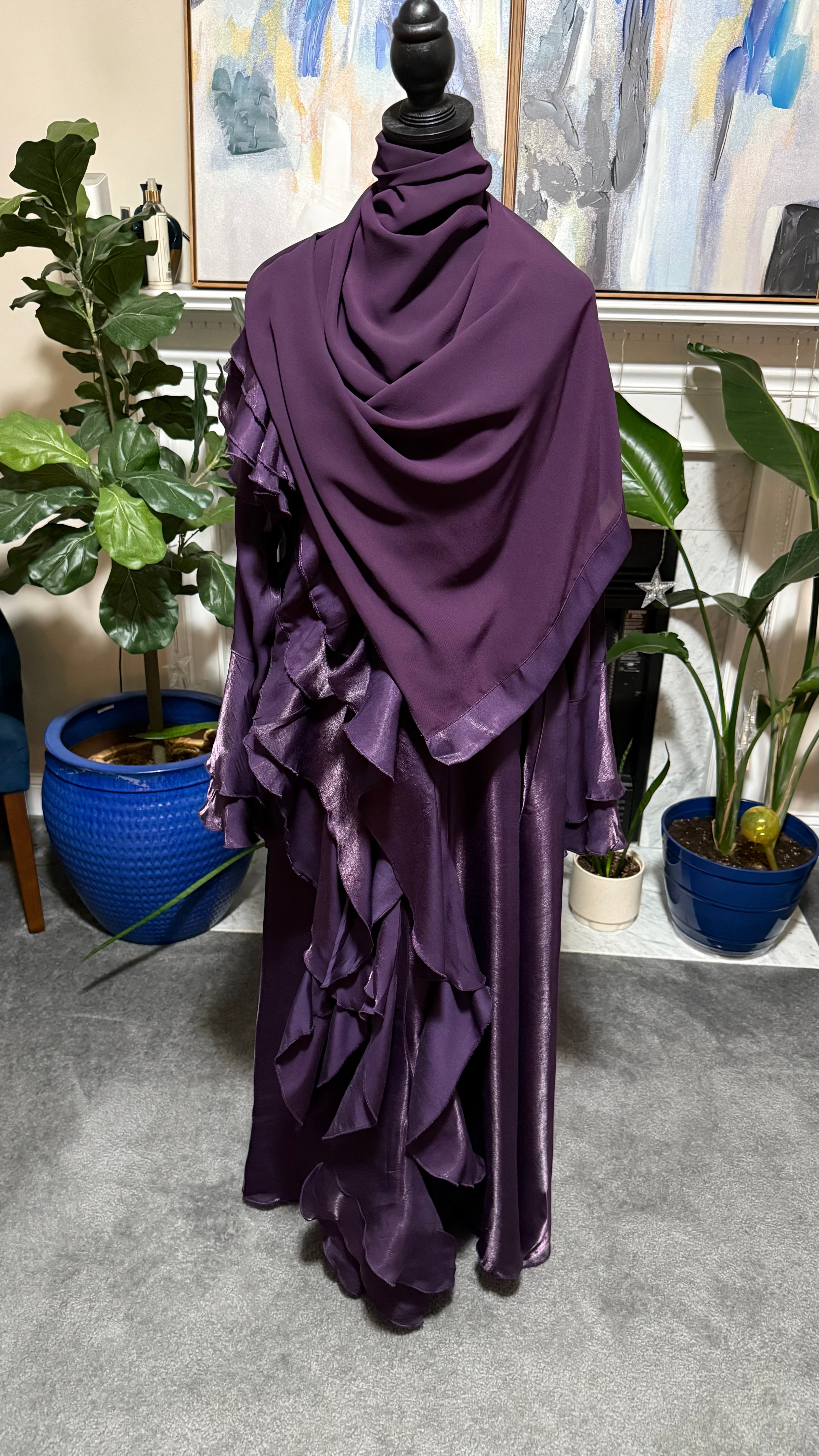Malikah Shimmer Ruffle Abayah Purple