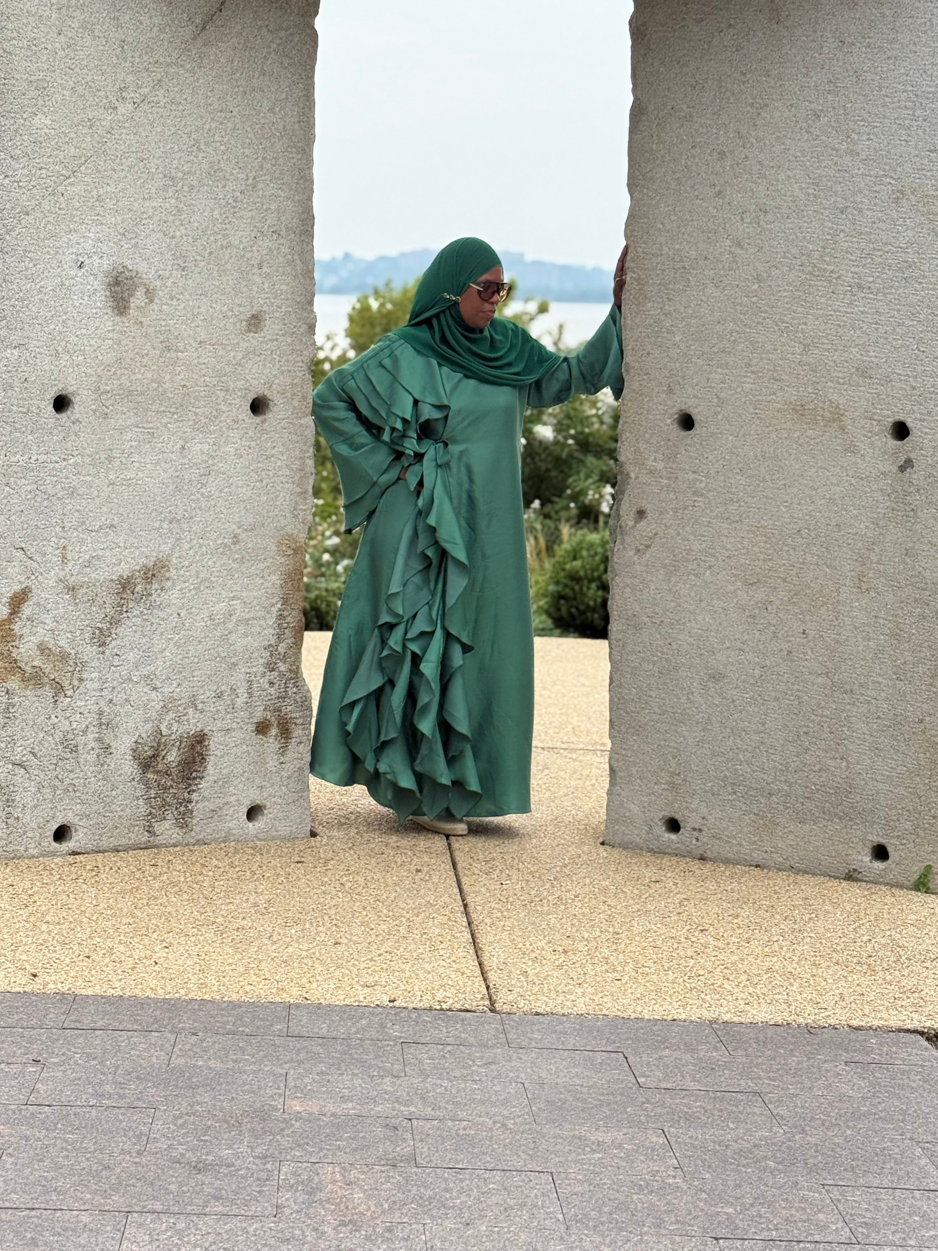 Malikah Shimmer Ruffle Abayah Green