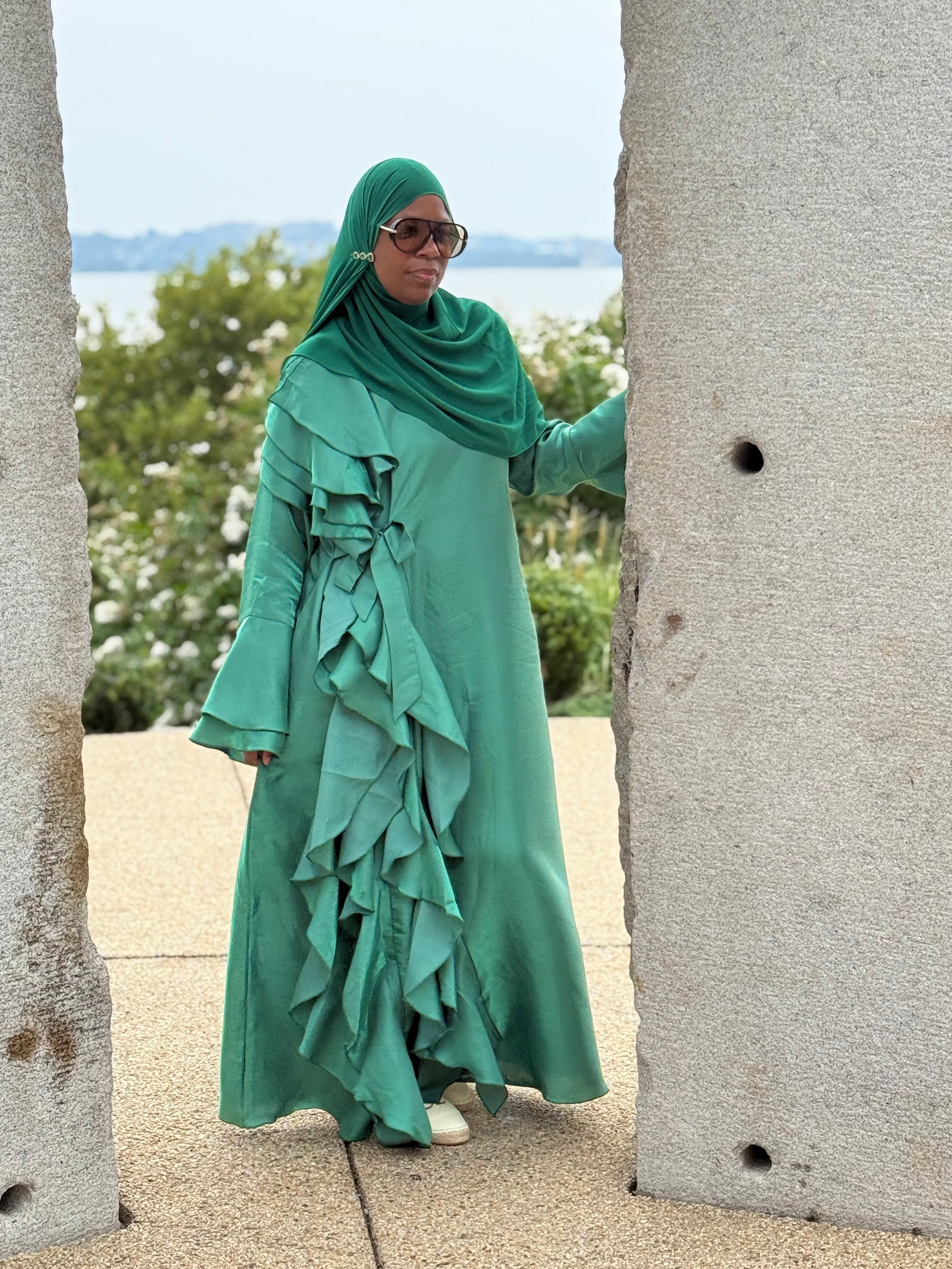 Malikah Shimmer Ruffle Abayah Green