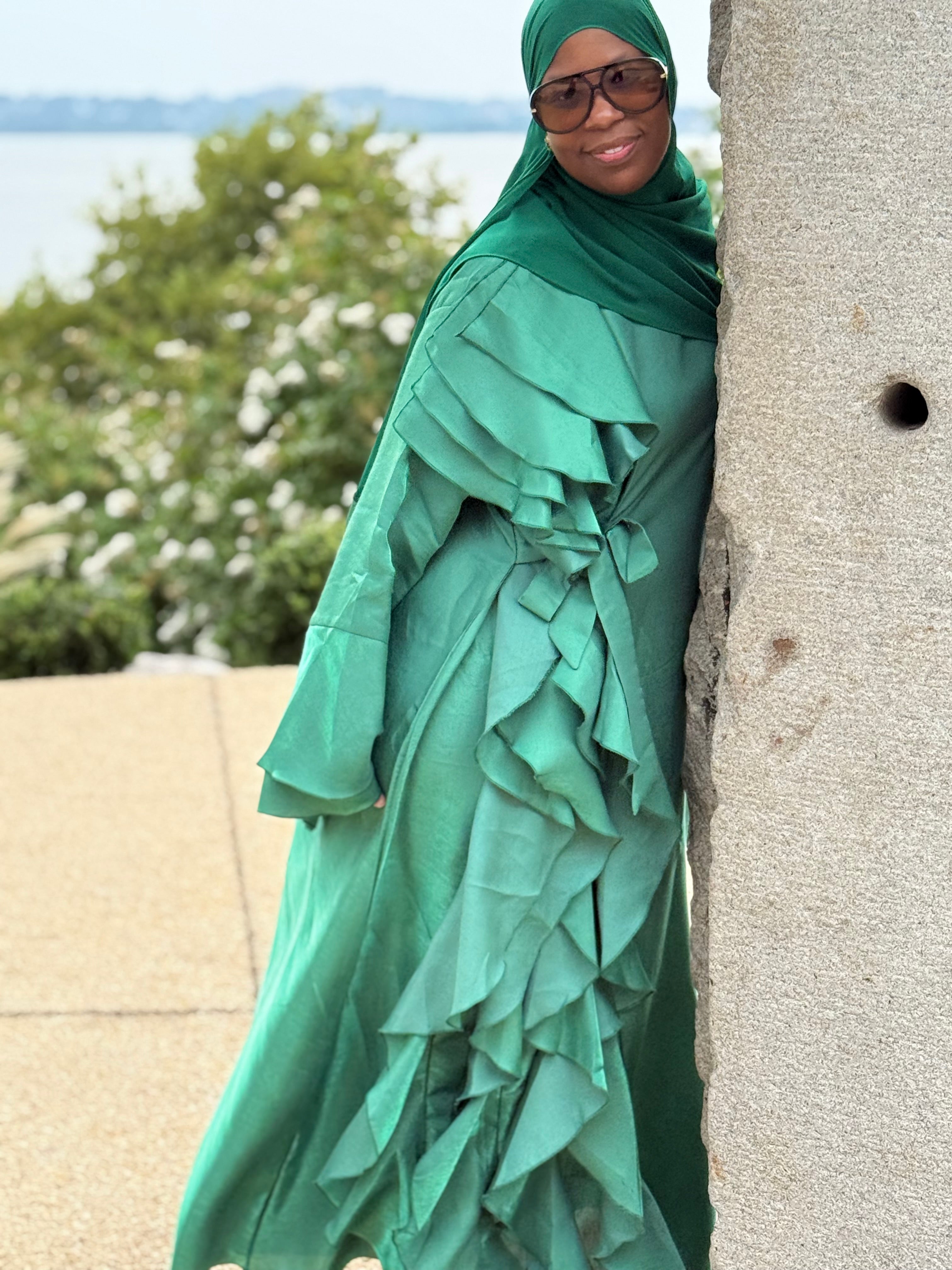 Malikah Shimmer Ruffle Abayah Green
