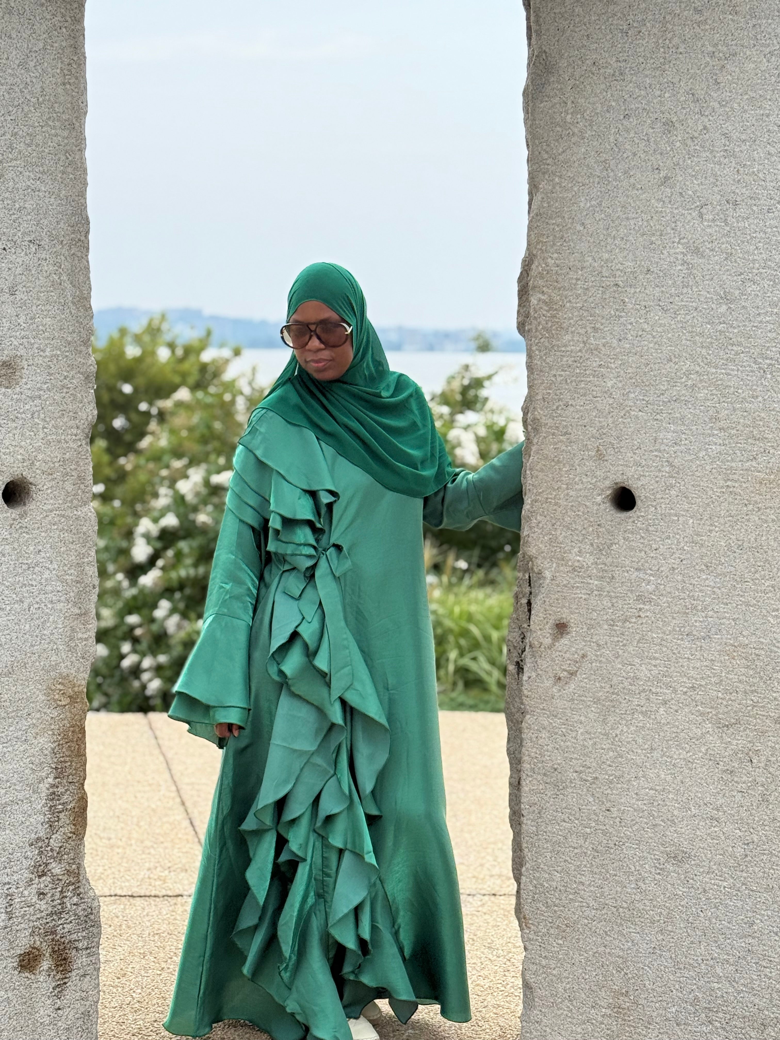 Malikah Shimmer Ruffle Abayah Green