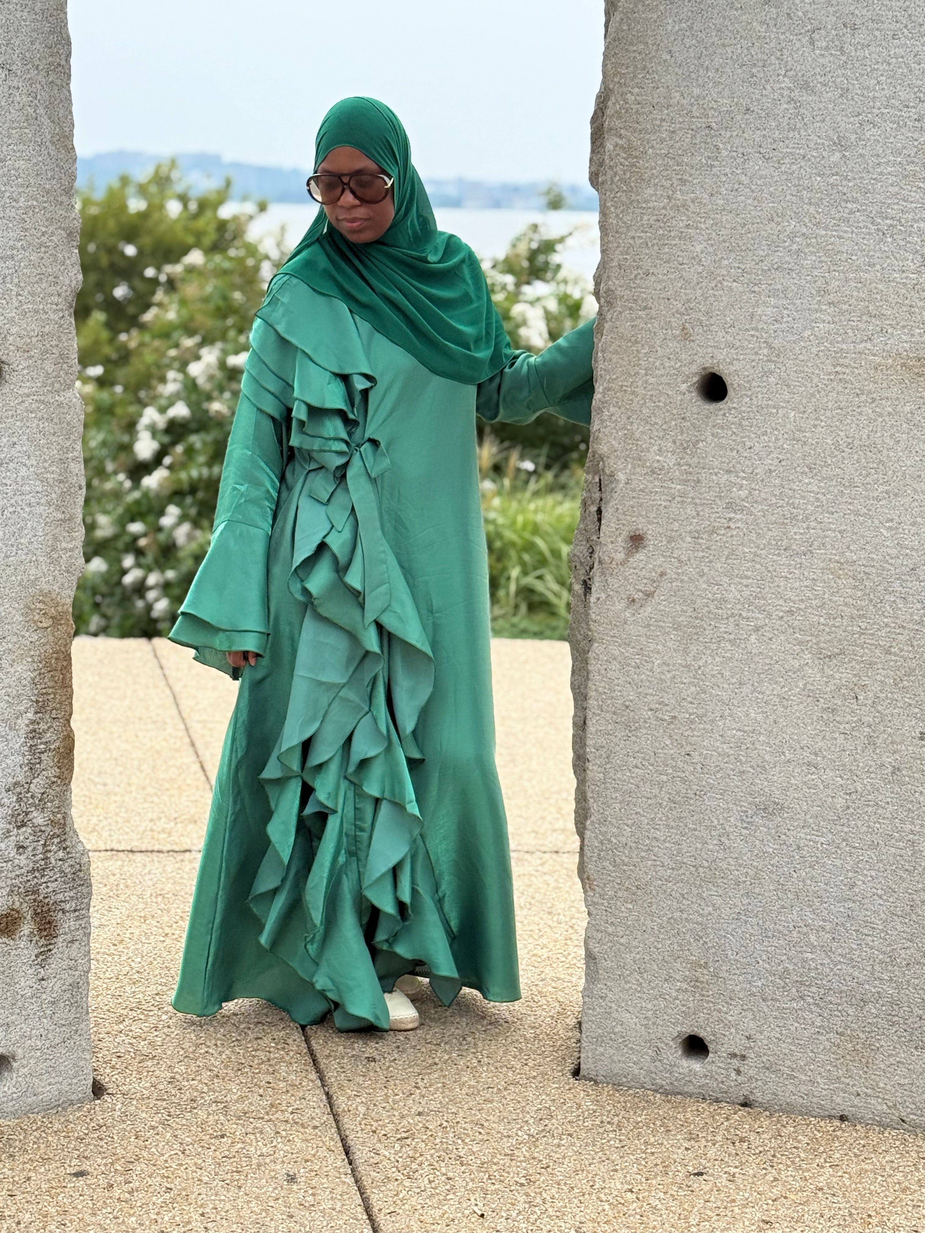 Malikah Shimmer Ruffle Abayah Green