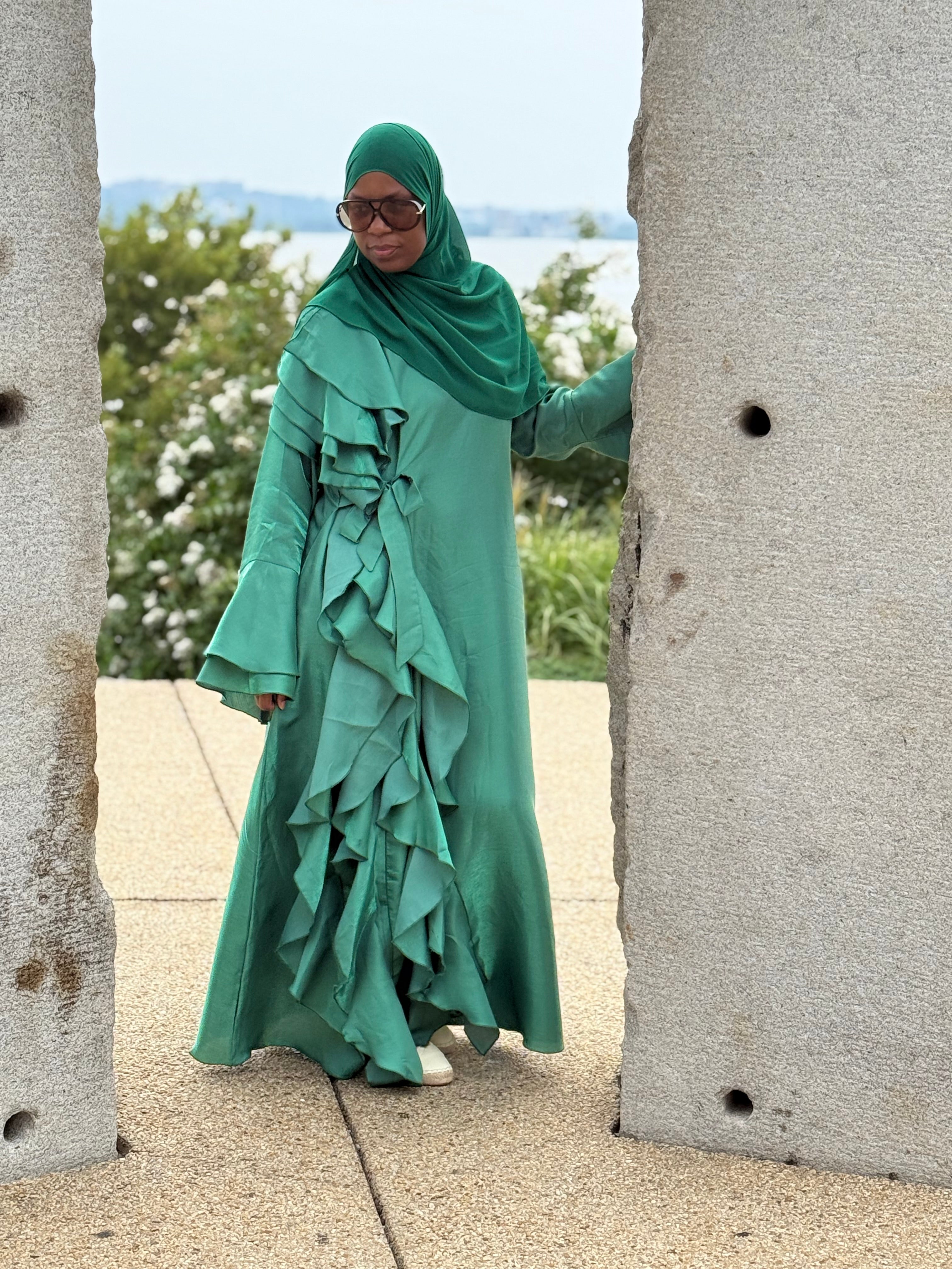 Malikah Shimmer Ruffle Abayah Green