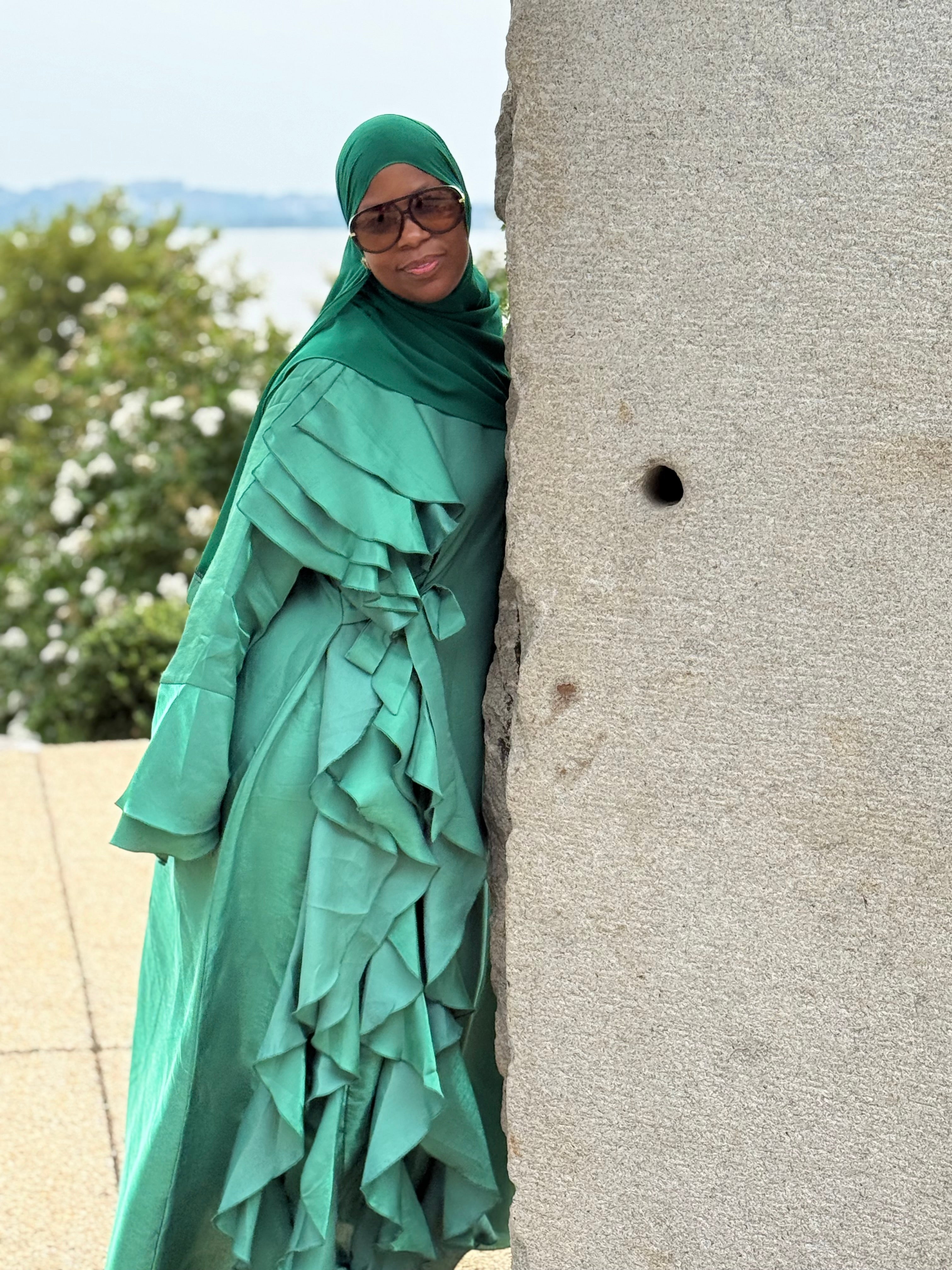 Malikah Shimmer Ruffle Abayah Green