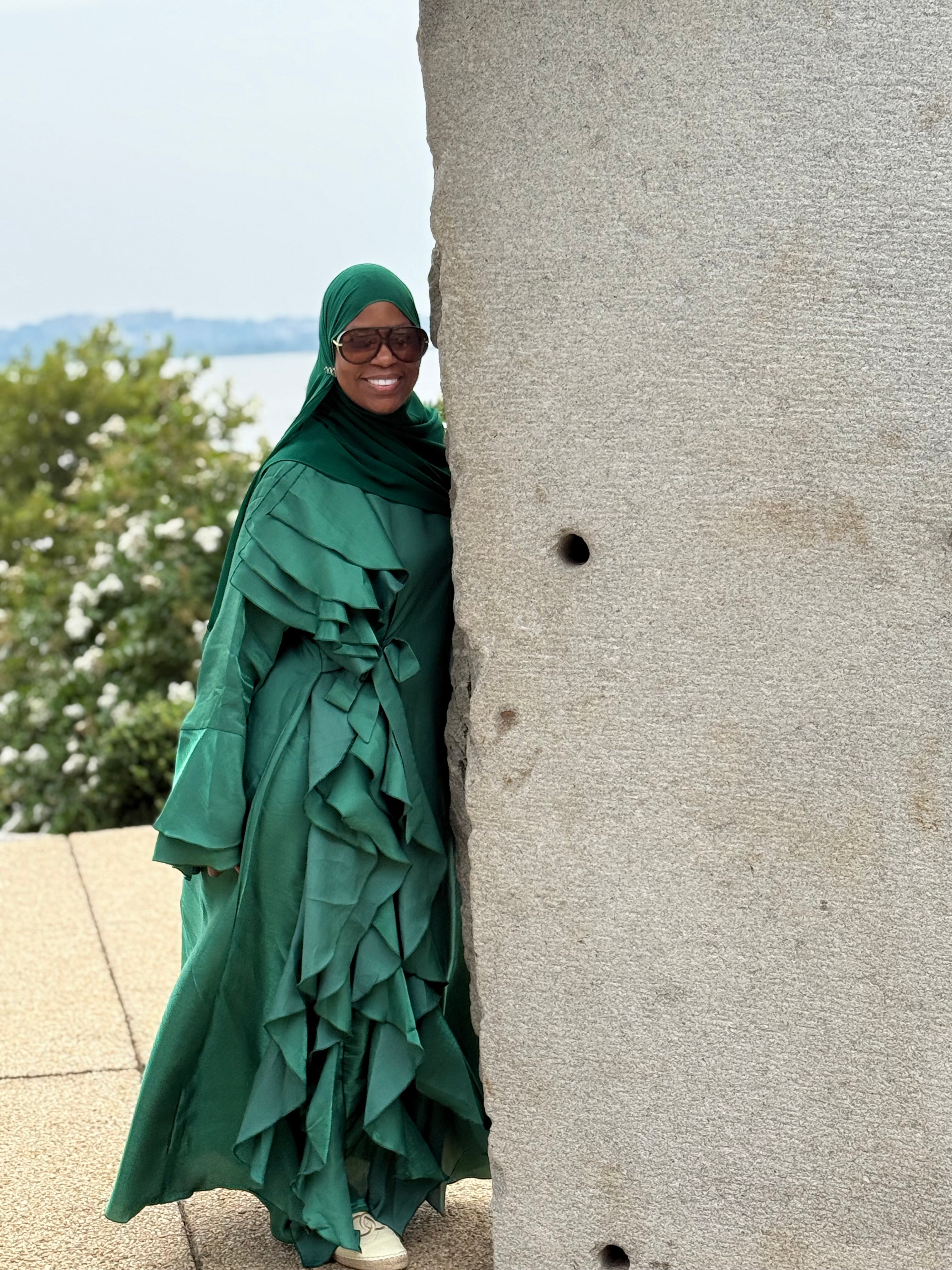 Malikah Shimmer Ruffle Abayah Green
