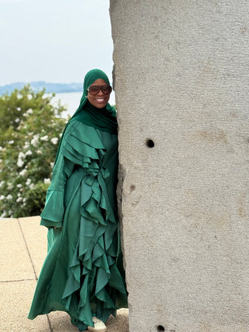 Malikah Shimmer Ruffle Abayah Green
